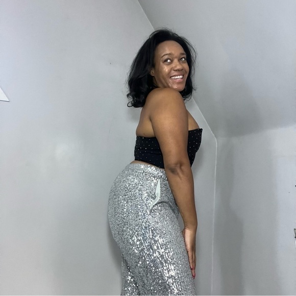 Baddie Silver Sequins Joggers Going Out Party Stretchy Pants Sporty Concert Glam - Picture 6 of 12
